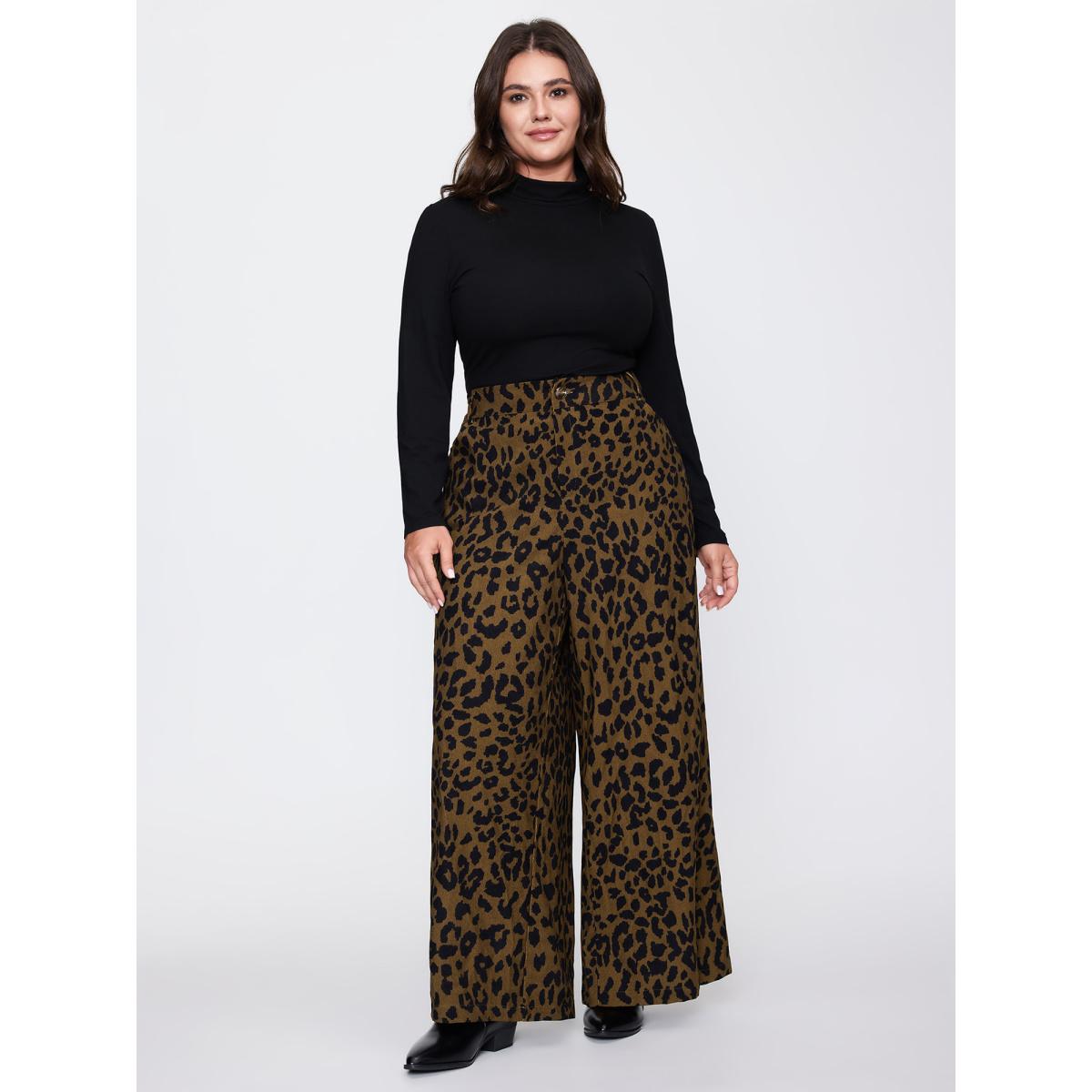 Plus Size Leopard Corduroy Print Pockets Pants Women Leopard Leisure Straight Leg High Rise Casual Pants BloomChic 18-20/2X Product Image