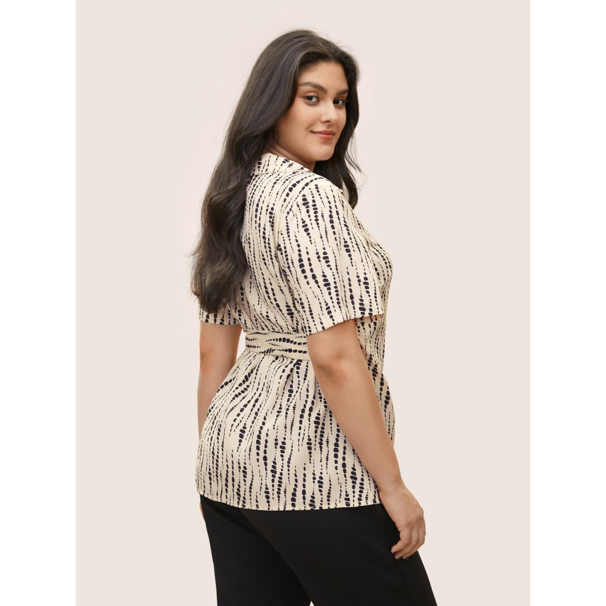 Plus Size Apricot Geometric Overlap Collar Buckle Detail Blouse Women At the Office Short sleeve Overlap Collar Work Blouses BloomChic 12/L Product Image