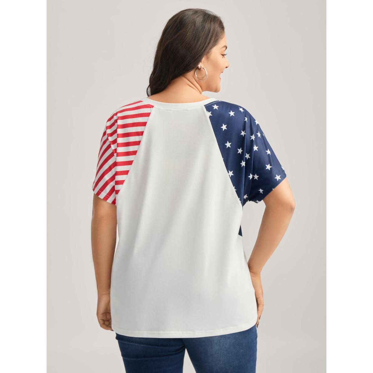 Plus Size American Flag Print V-Neck T-Shirt WhiteSmoke Women Leisure Contrast Country V-neck Casual T-shirts BloomChic 12/L Product Image