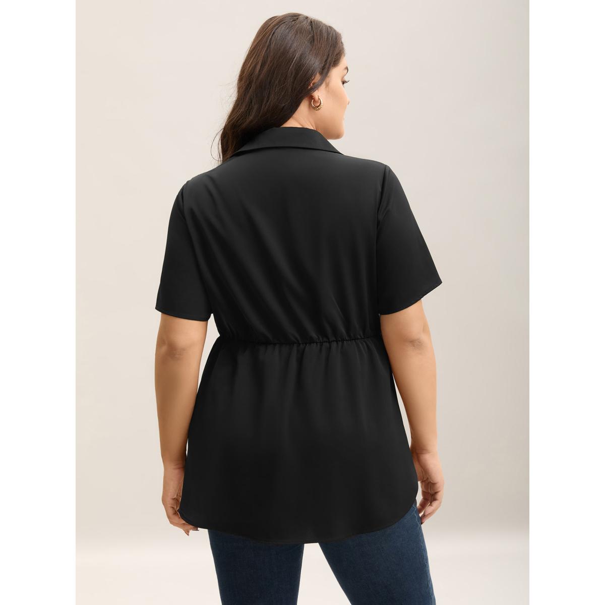 Plus Size Black Button Up Belted Collar Shirt Women At the Office Short sleeve Shirt collar Work Blouses BloomChic 10/M Product Image