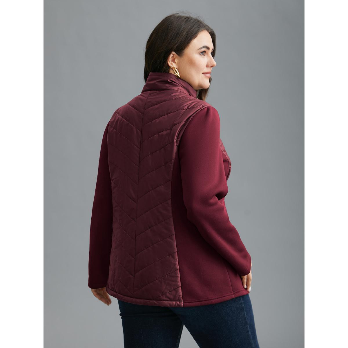 Plus Size Funnel Neck Contrasting Design Zipper Coat Women Burgundy Casual Topstitching Ladies Everyday Winter Coats BloomChic 12/L Product Image