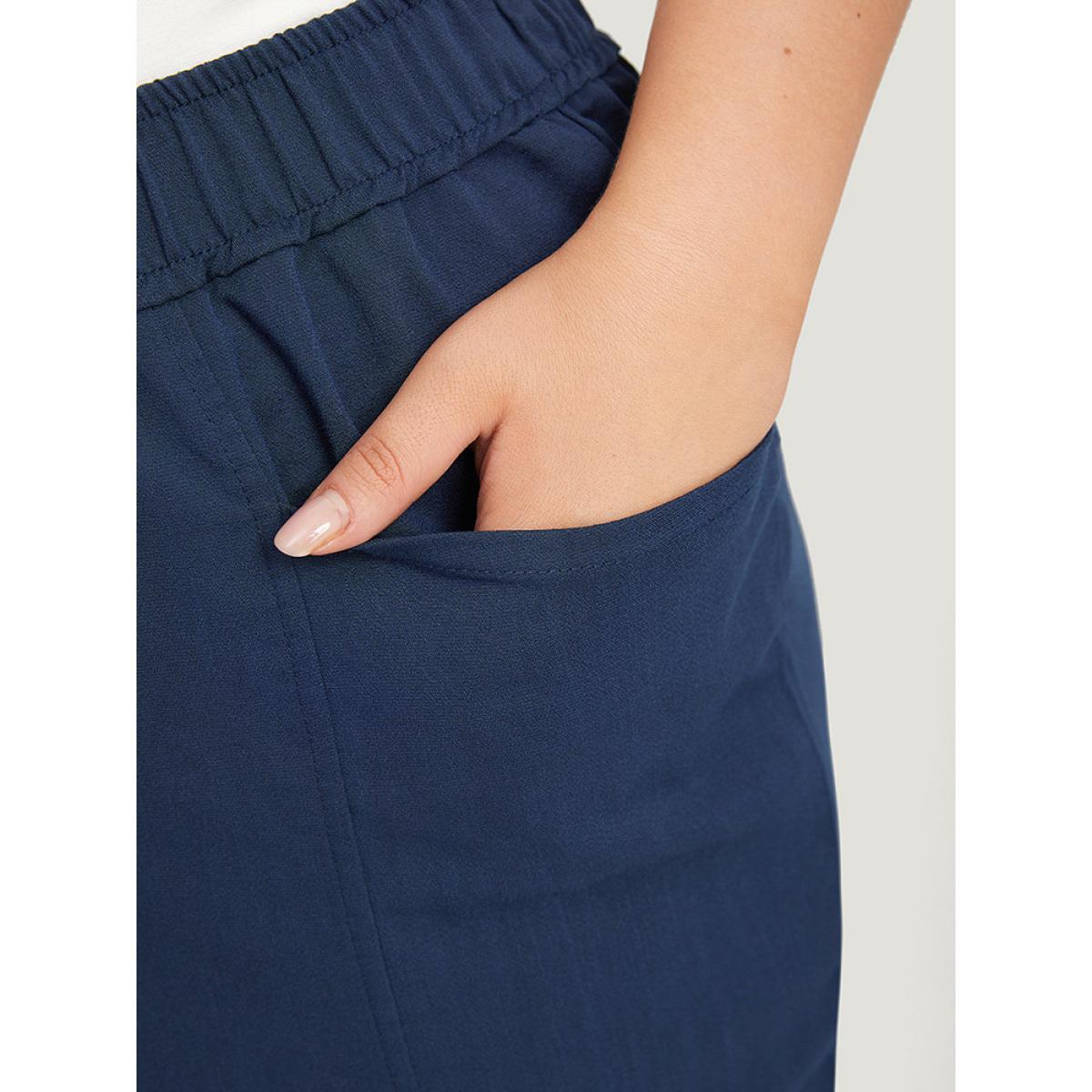 Plus Size Solid Elastic Waist Pocket High Rise Pants Women Indigo Casual High Rise Dailywear Pants BloomChic 18-20/2X Product Image