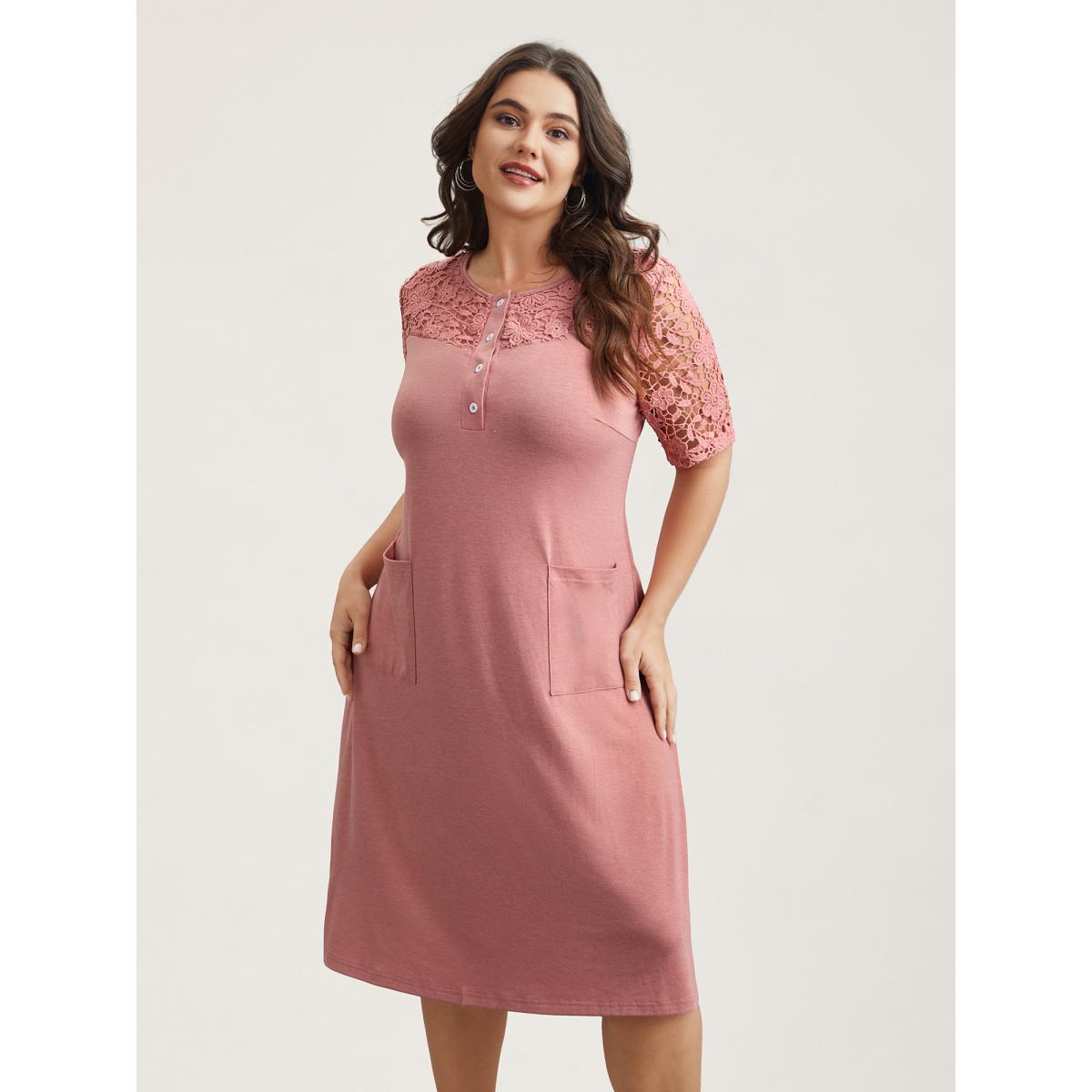 Plus Size Sheer Lace Placket Pockets Midi Dress DustyPink Women Casual Woven ribbon&lace trim Knit Dresses Bloomchic 30/6X Product Image