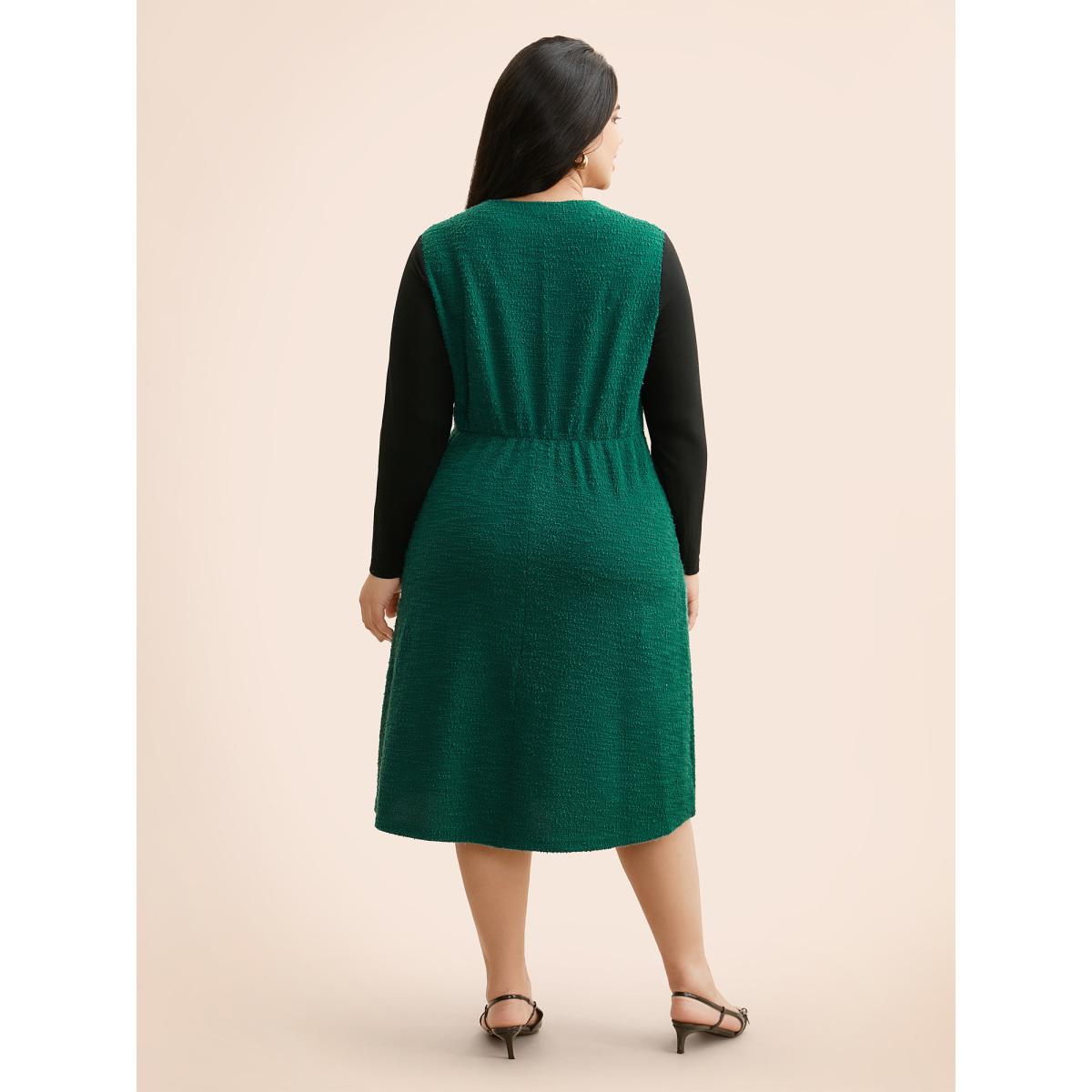 Plus Size Textured Patchwork Flap Detail Dress DarkGreen Women Elegant Texture Round Neck Long Sleeve Curvy BloomChic 28/5X Product Image