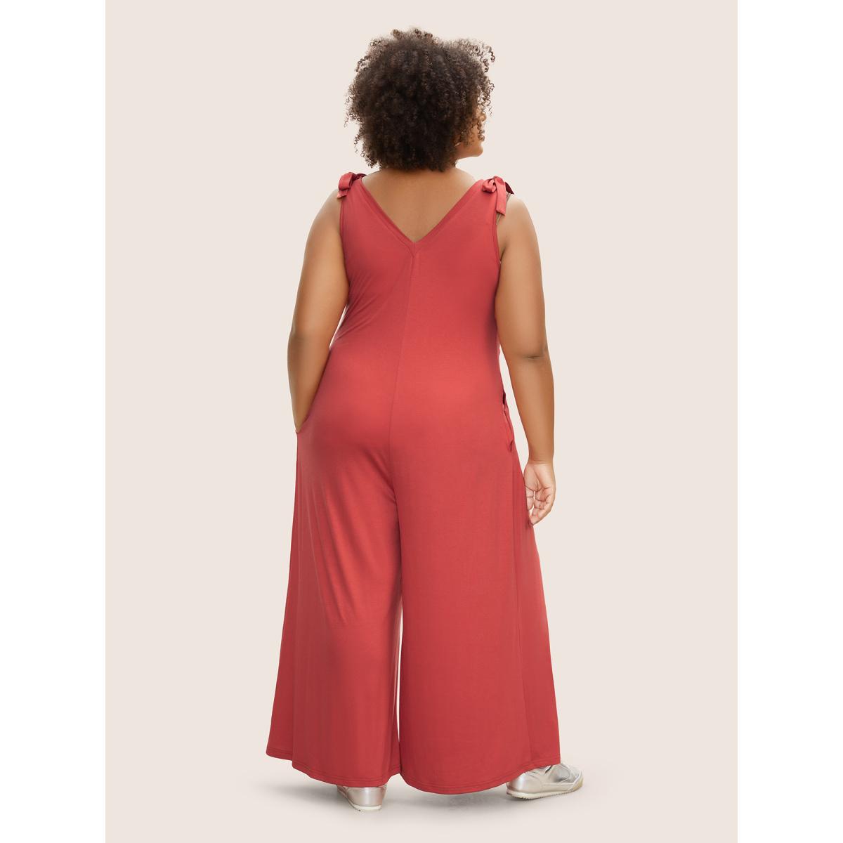 Plus Size OrangeRed Supersoft Essentials V Neck Solid Tie Knot Jumpsuit Women Casual Sleeveless V-neck Everyday Loose Jumpsuits BloomChic 14-16/1X Product Image