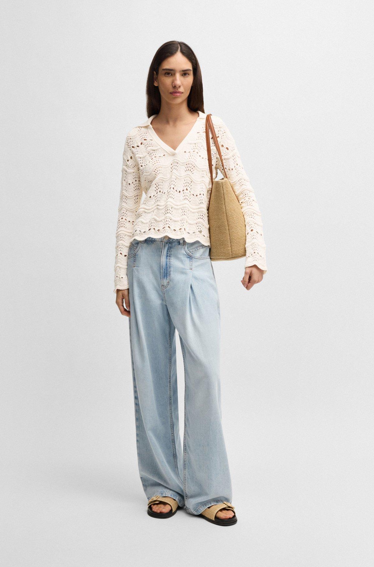 BOSS - Johnny-collar sweater with open-knit structure - White Product Image