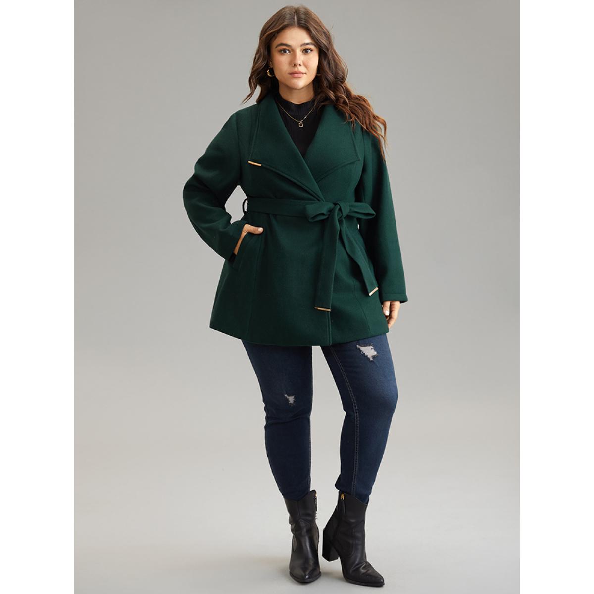Plus Size Plain Belted Metal Detail Lapel Collar Coat Women DarkGreen Elegant Lined Ladies Everyday Winter Coats BloomChic 14-16/1X Product Image