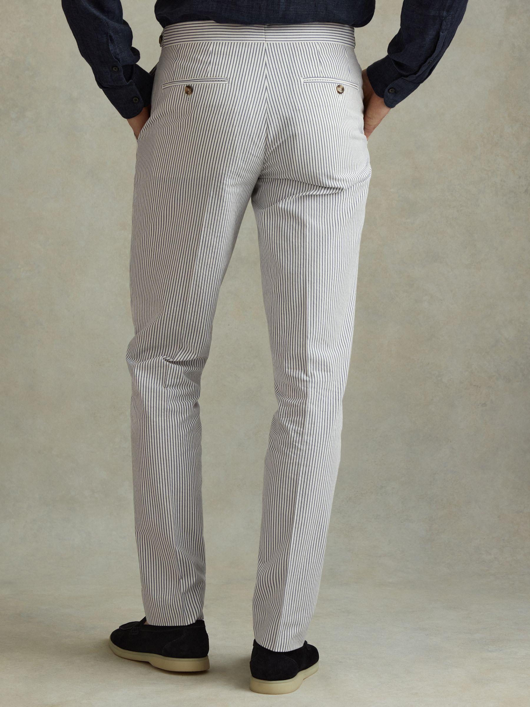 Barr Soft Blue/White Cotton Seersucker Adjuster Slim Fit Trousers Product Image