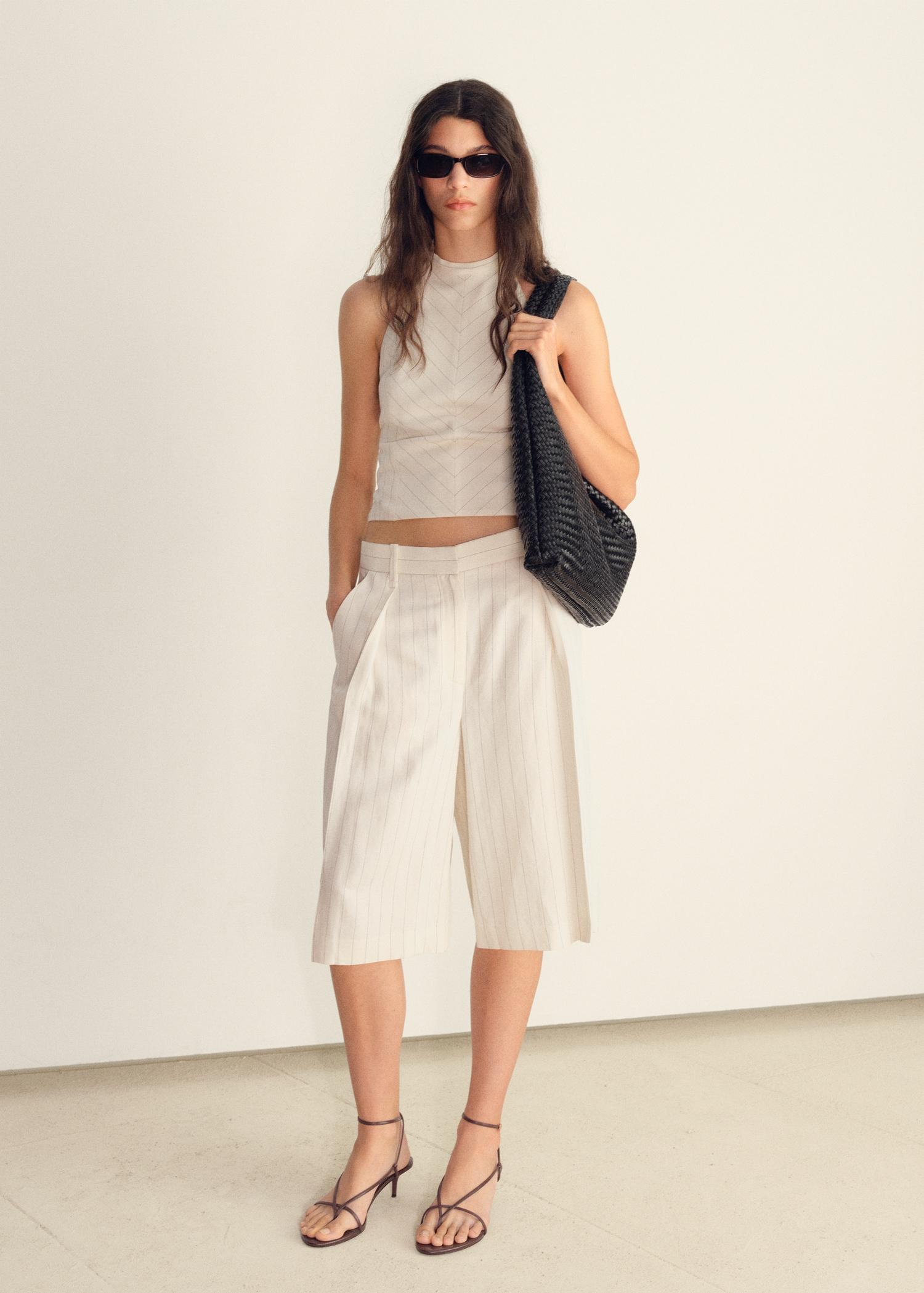 Striped linen-blend bermuda shorts - Women | MANGO USA Product Image