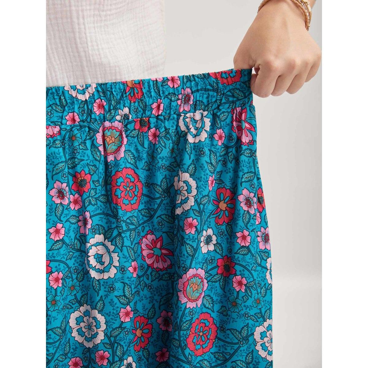 Plus Size Floral Fun Wide-Waist Maxi Skirt Women Cerulean Resort Patchwork Low stretch Slanted pocket Vacation Skirts BloomChic 18-20/2X Product Image