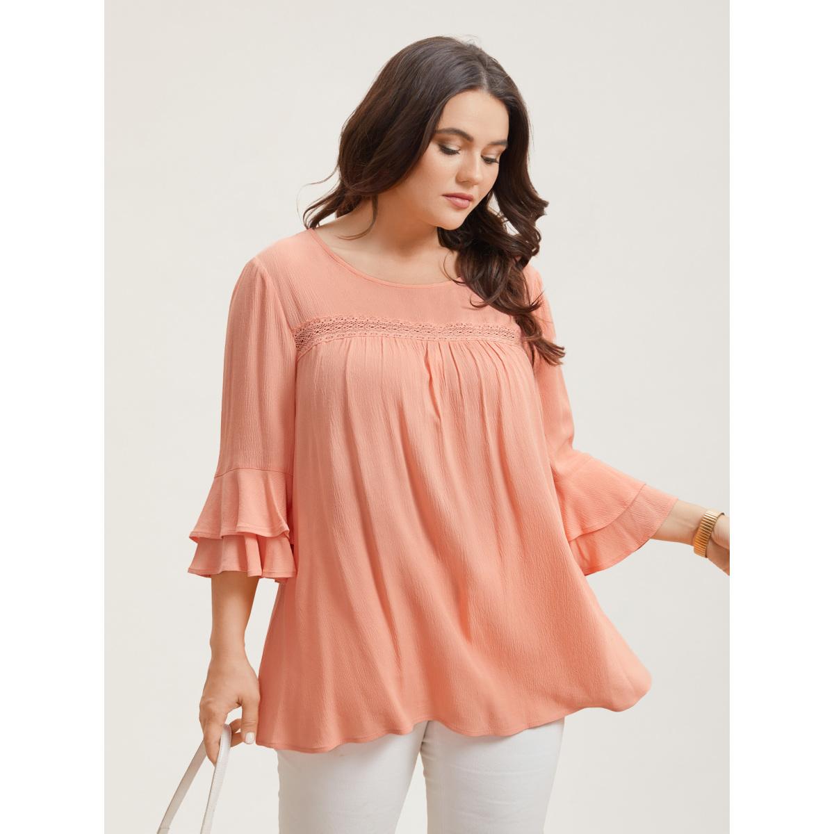 Plus Size Coral Lotus Leaf Edge Lace Spliced Shirt Women At the Office Elbow-length sleeve Round Neck Work Blouses BloomChic 18-20/2X Product Image