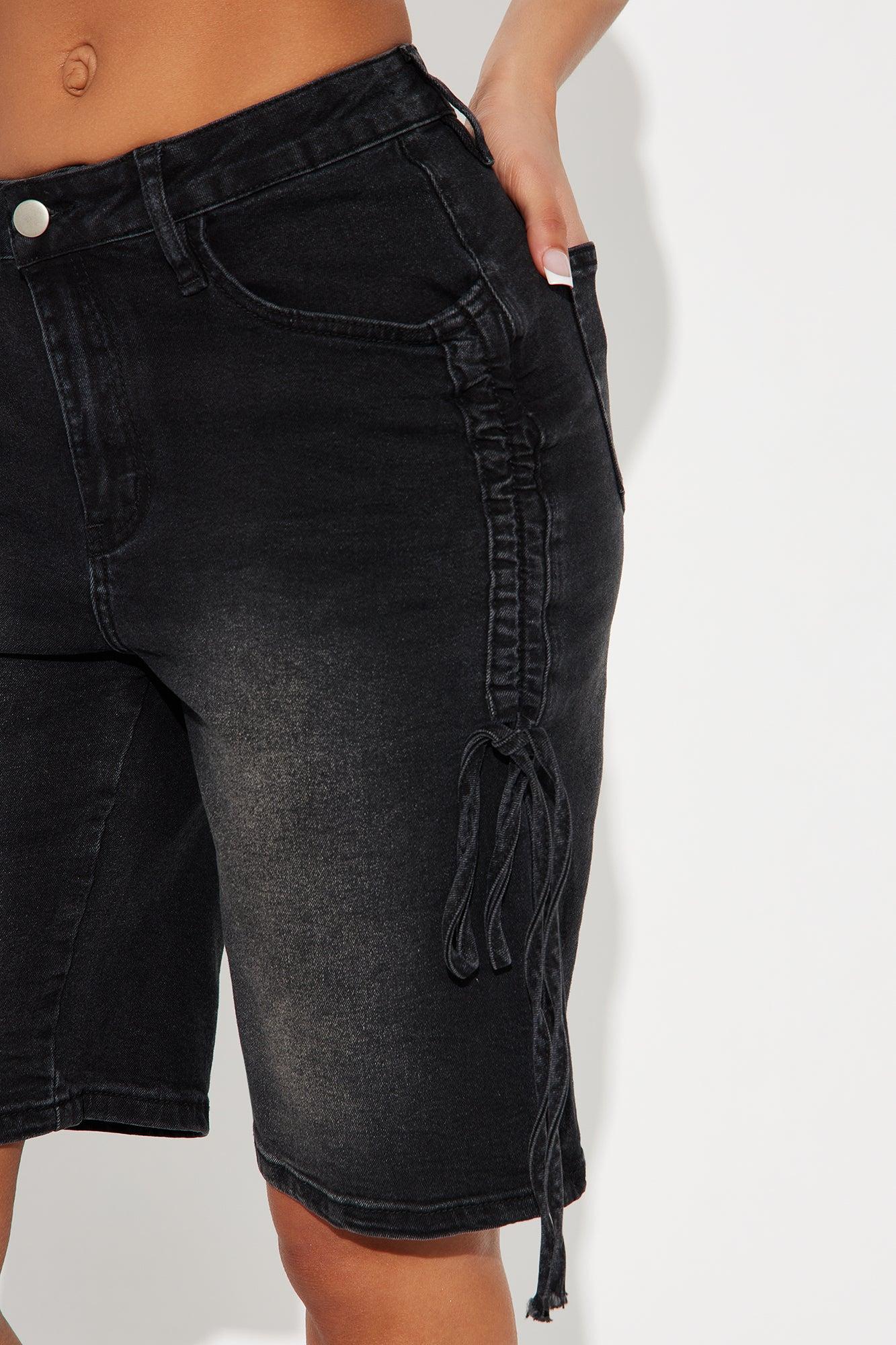 Ryanna Ruched Denim Bermuda Shorts - Black Wash Product Image