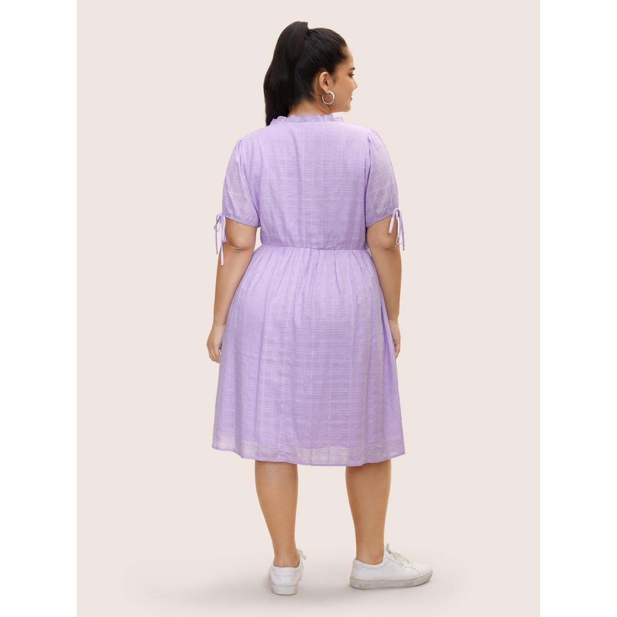 Plus Size Plaid Drawstring Puff Sleeve Frill Trim Dress Lilac Women Casual V-neck Short sleeve Curvy BloomChic 18-20/2X Product Image