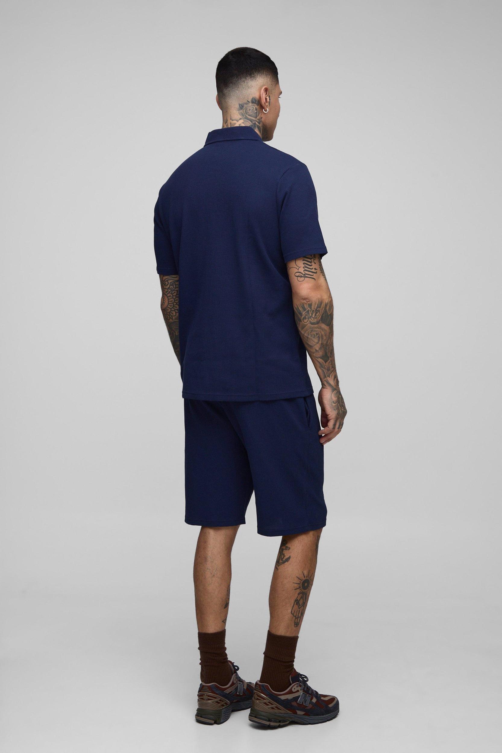 Tall Regular Fit Waffle Polo & Short Set | boohooMAN USA Product Image