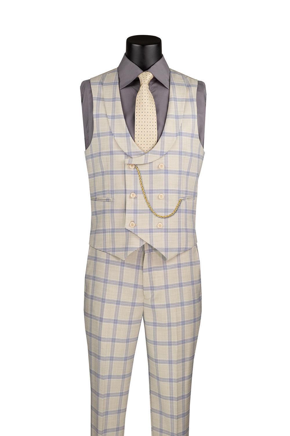 Modern Fit Windowpane Suit 3 Piece with U-Neck Vest in Light Beige Product Image