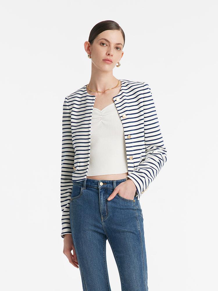 Cotton Striped Single-Breasted Women Crop Jacket Product Image