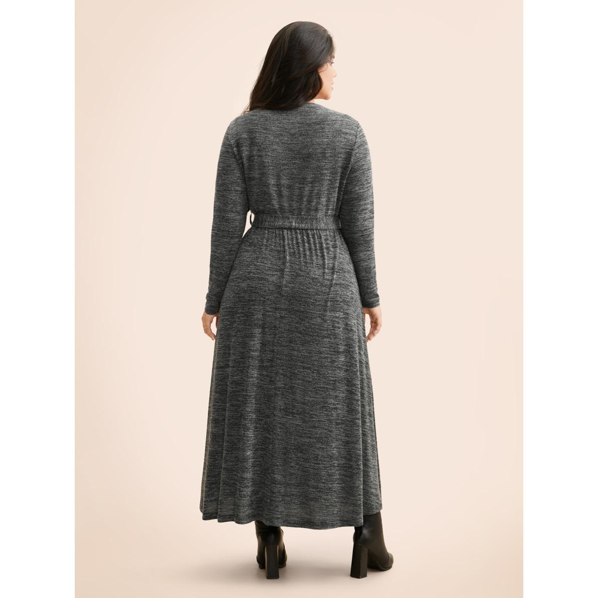 Plus Size Round Neck Heather Belted Dress DimGray Women Leisure Texture Round Neck Long Sleeve Curvy BloomChic 28/5X Product Image
