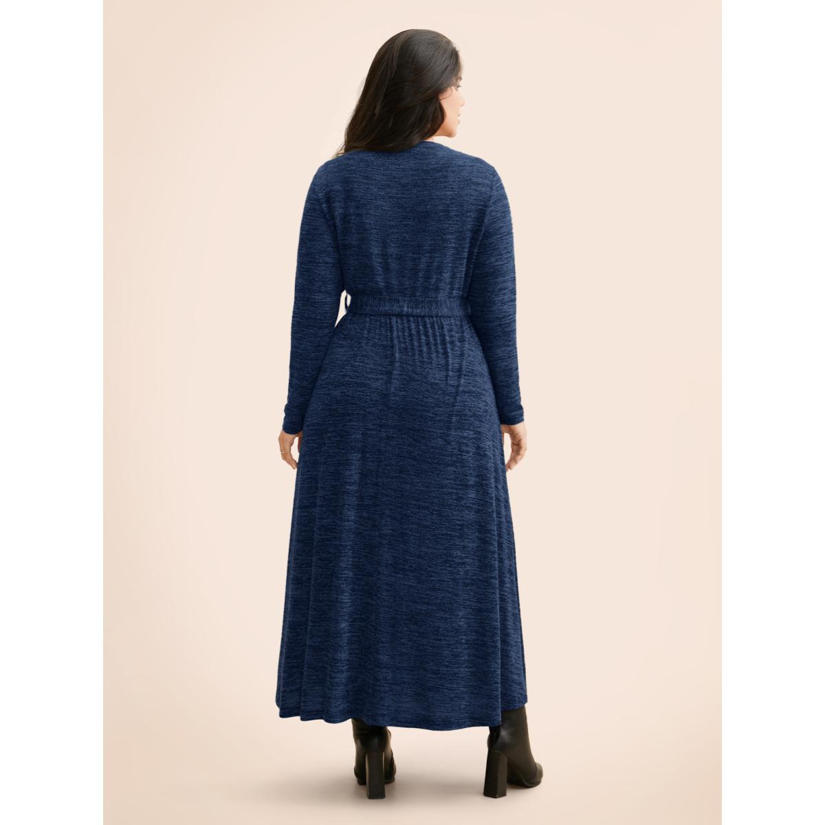 Plus Size Round Neck Heather Belted Dress Mediumblue Women At the Office Texture Round Neck Long Sleeve Curvy BloomChic 14-16/1X Product Image