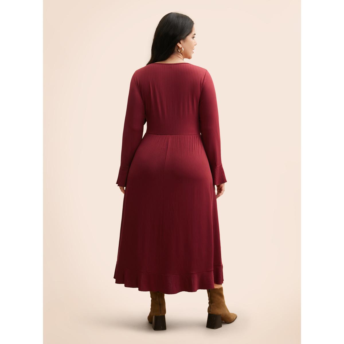 Plus Size V Neck Button Detail Rib Knit Dress Burgundy Women Casual Texture V-neck Long Sleeve Curvy BloomChic 22-24/3X Product Image