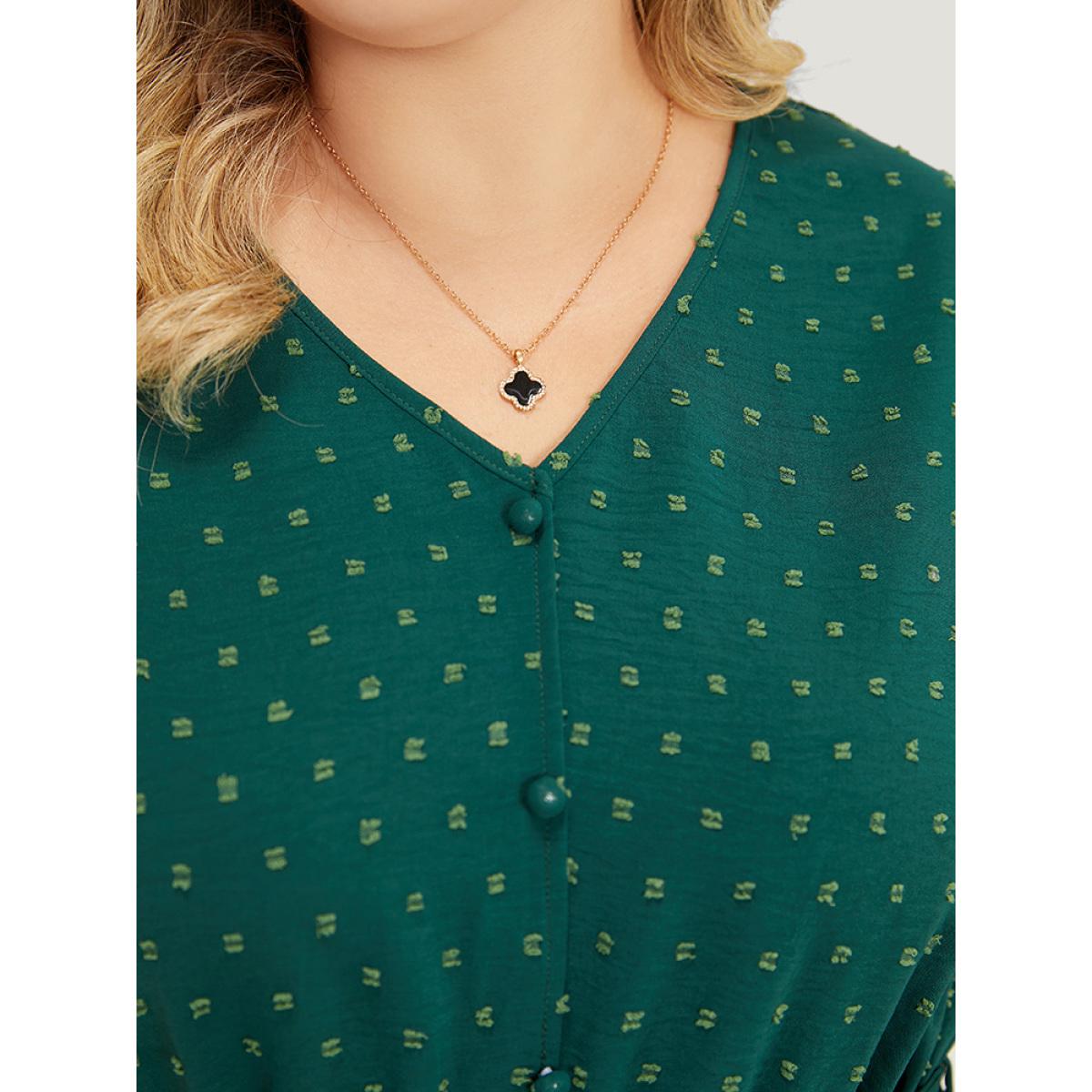 Plus Size Polka Dot Layered Sleeve Pocket Button Up Belted Flutter Dress Green Women Elegant Button V-neck Cap Sleeve Curvy Knee Dress BloomChic 30/6X Product Image