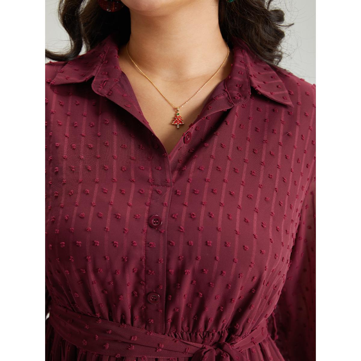 Plus Size Plain Textured Shirt Collar Gathered Belted Dress Scarlet Women Office Elastic cuffs Shirt collar Long Sleeve Curvy Midi Dress BloomChic 30/6X Product Image