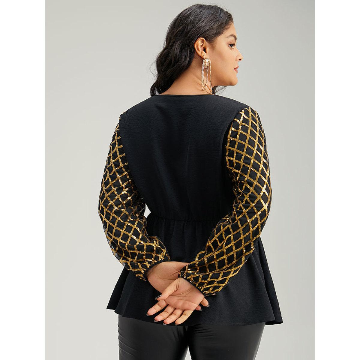 Plus Size Black Plaid Sequin Patchwork Wrap Blouse Women Glamour Long Sleeve Overlap Collar Festival-Christmas Blouses BloomChic 18-20/2X Product Image
