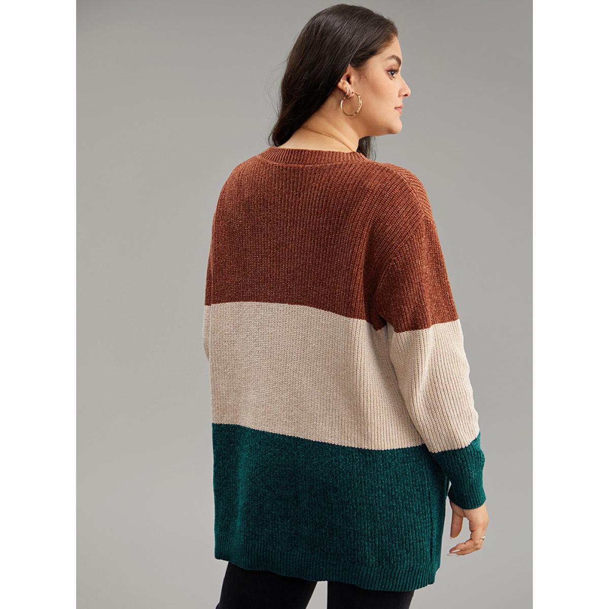 Plus Size Open Front Colorblock Patched Pocket Cardigan Multicolor Women Casual Loose Long Sleeve Dailywear Cardigans BloomChic 22-24/3X Product Image