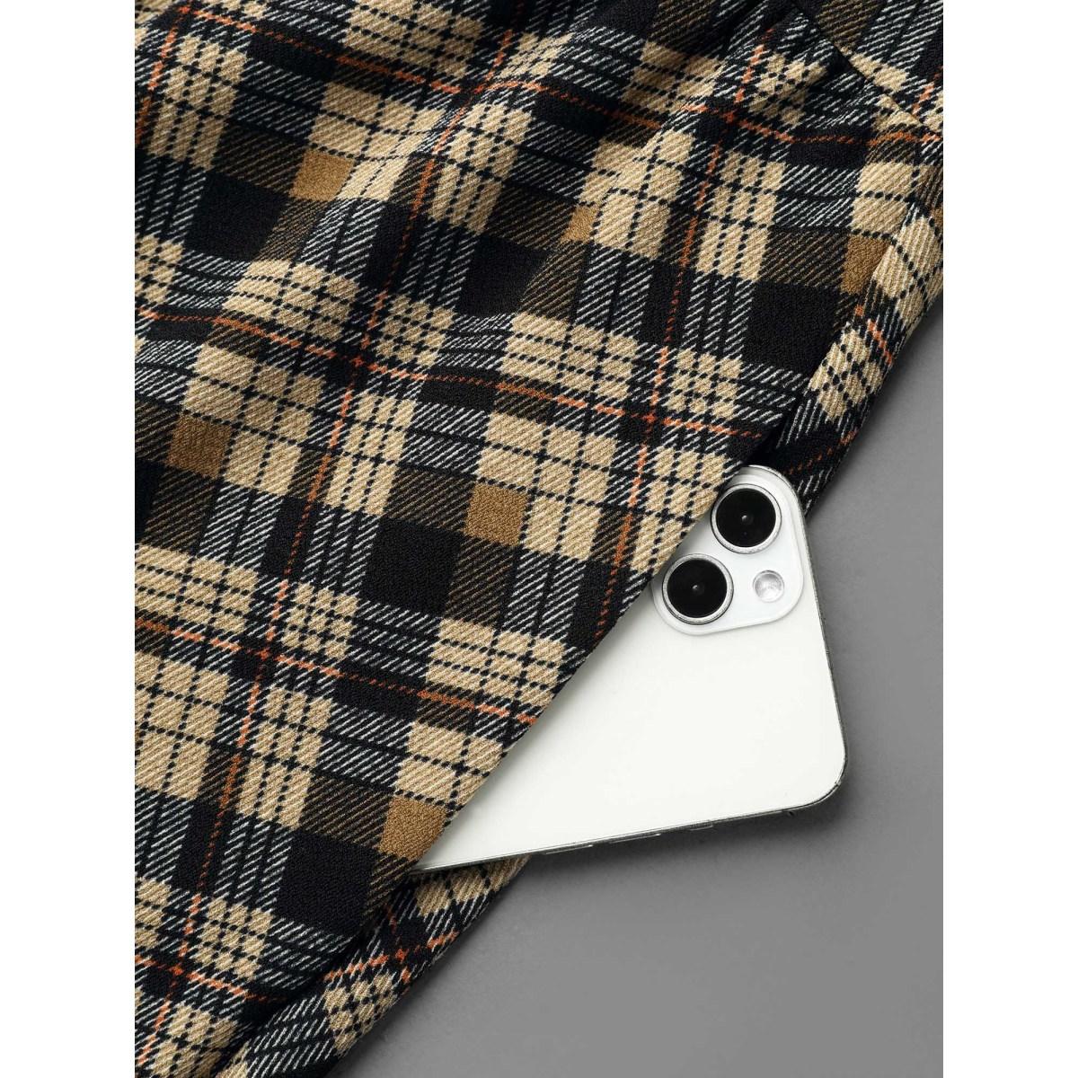 Plus Size Plaid Color-Block Ruched Open Midi Dress Tan Women Casual Patchwork Heart neckline Short sleeve Curvy BloomChic 22-24/3X Product Image