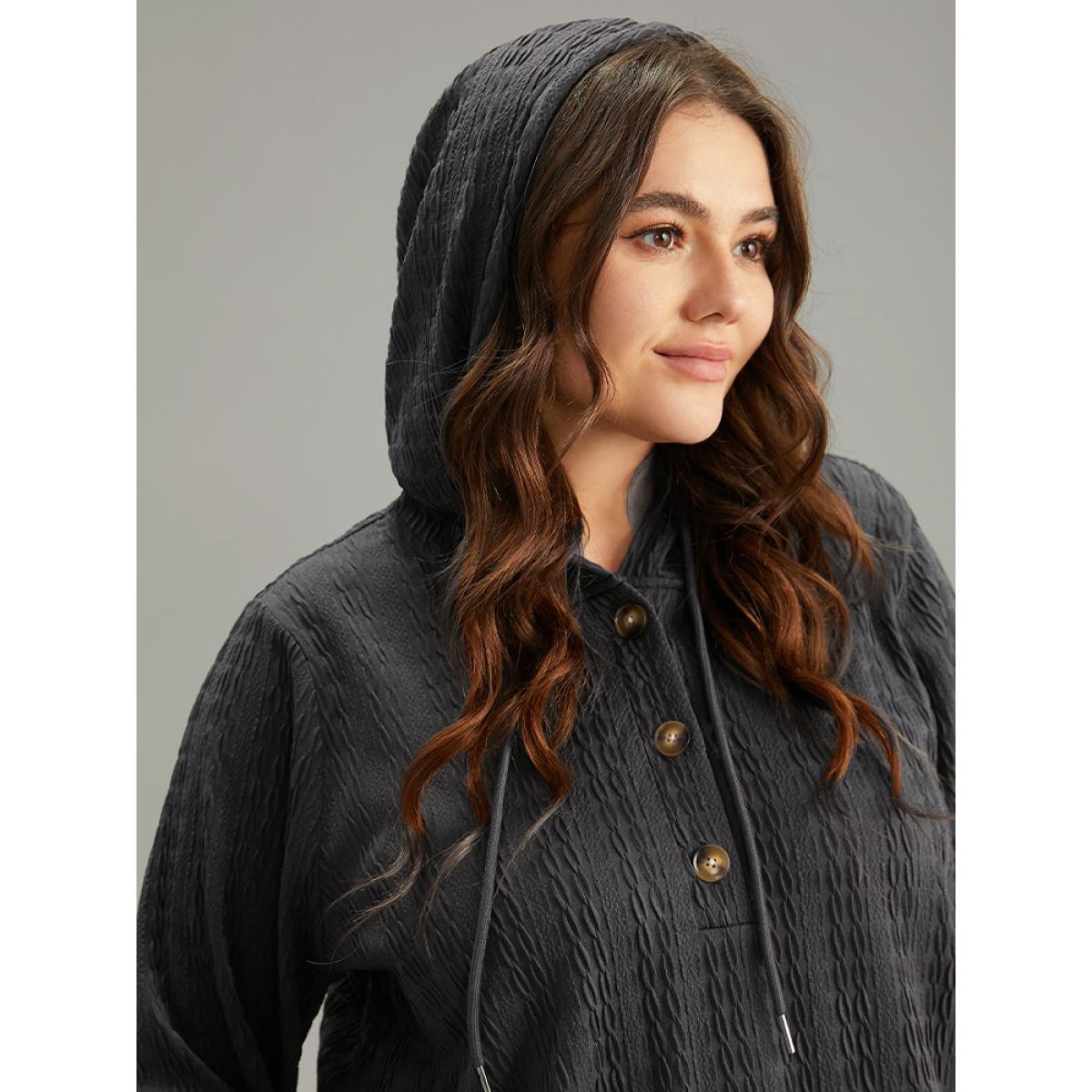 Plus Size Plain Texture Hooded Jacquard Sweatshirt Women Gray Casual Texture Hooded Dailywear Sweatshirts BloomChic 10/M Product Image