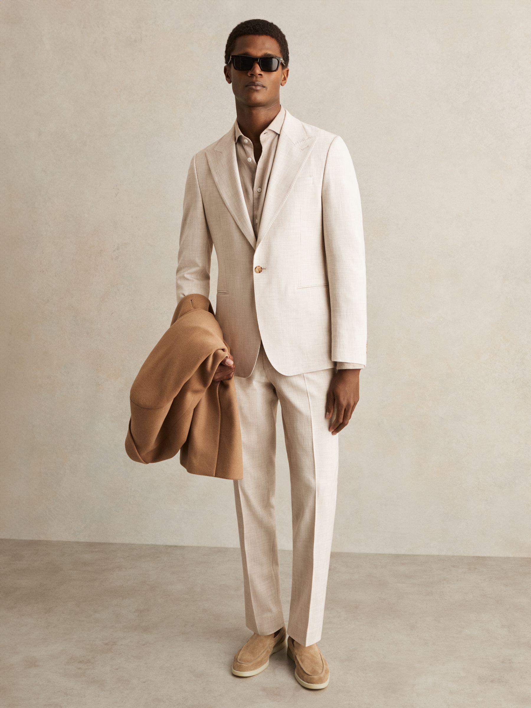 Slim Fit Single Breasted Pinstripe Suit Blazer in Oatmeal/White Product Image