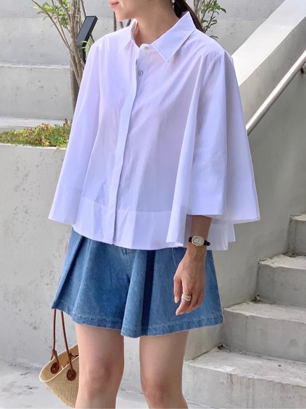 A-Line Flared Sleeves Buttoned Pleated Solid Color Lapel Blouses&Shirts Tops Product Image