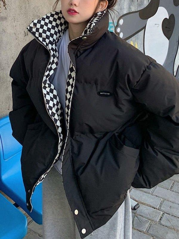 Checkered Collar Zip Up Padded Jacket Product Image