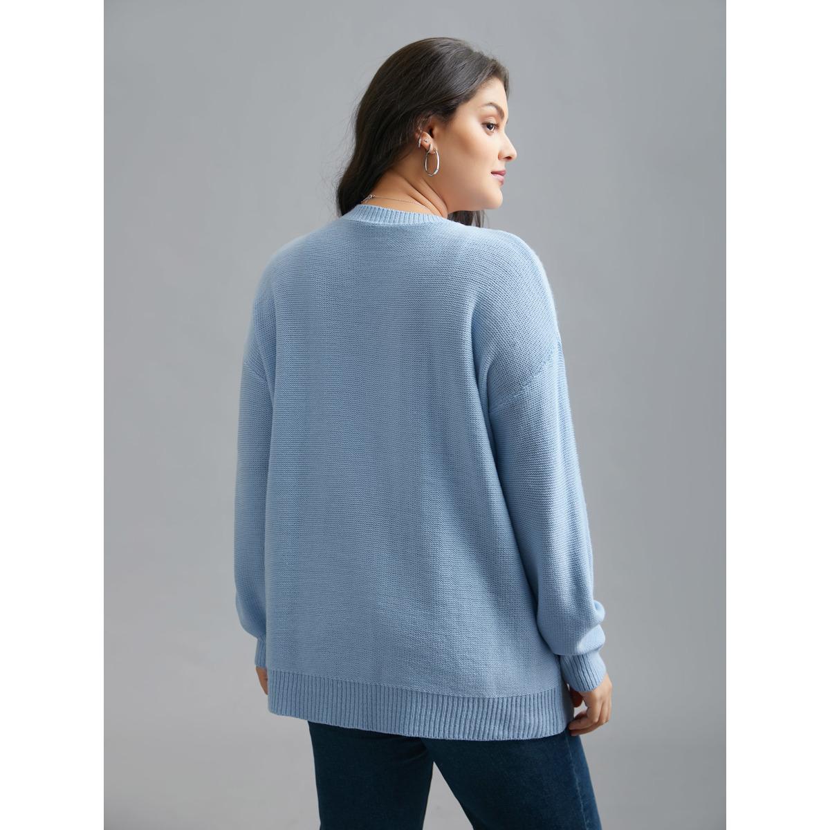 Plus Size Solid Round Neck Plisse Cable Knit Pullover LightBlue Women Casual Loose Long Sleeve Round Neck Everyday Pullovers BloomChic 22-24/3X Product Image