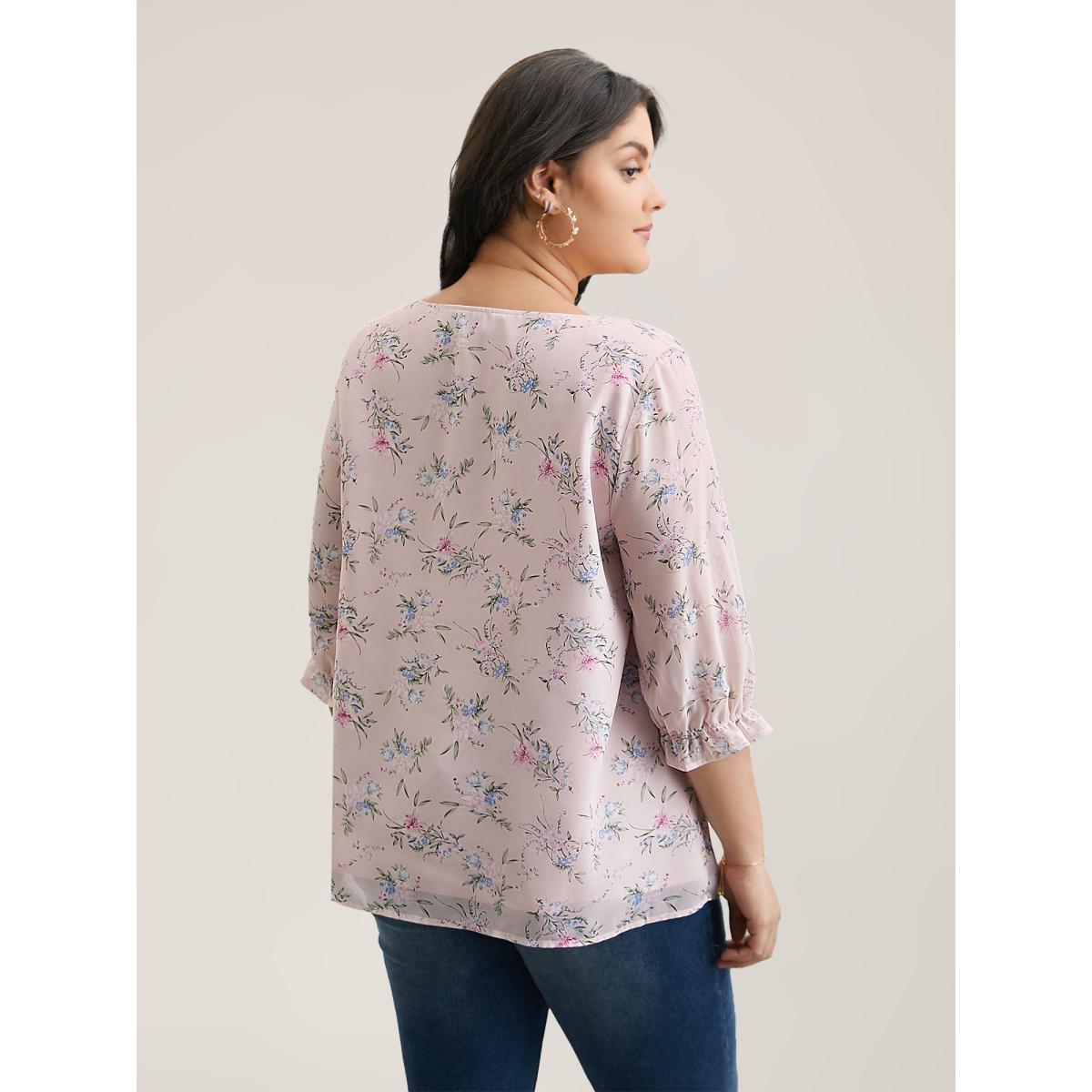 Plus Size Lightpink Chiffon Printed Ruffled Shirt Women Elegant Elbow-length sleeve Square Neck Everyday Blouses BloomChic 28/5X Product Image