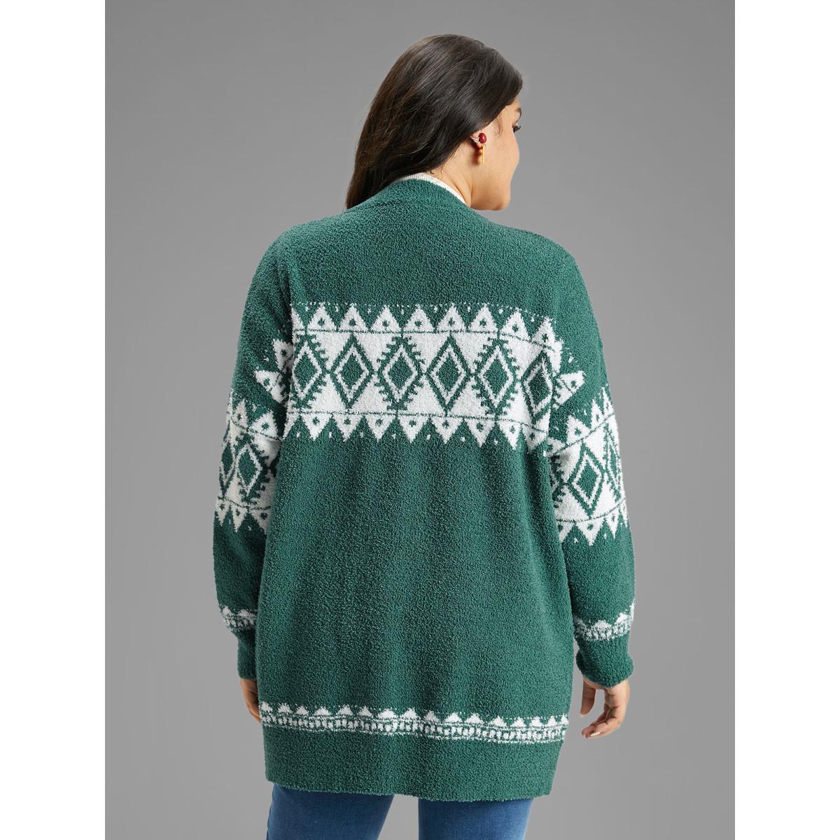 Plus Size Fuzzy Geo Graphic Button Fly Cardigan DarkGreen Women Casual Loose Long Sleeve Festival-Christmas Cardigans BloomChic 26/4X Product Image