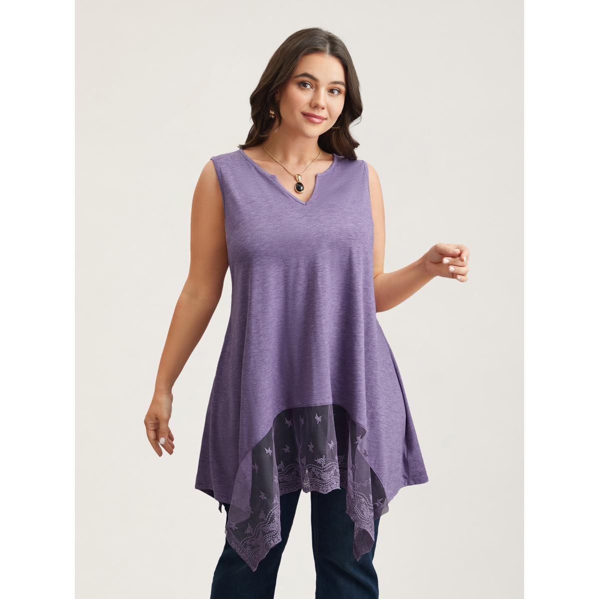 Plus Size Notched Collar Sheer Lace Hi-Low Hem Vest Women Mauve Elegant Patchwork Notched collar Everyday Tank Tops Camis BloomChic 10/M Product Image