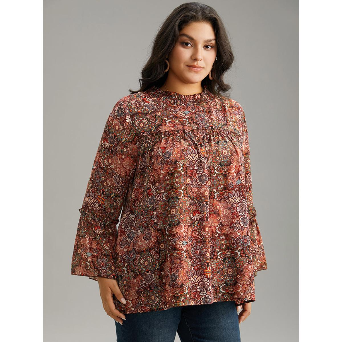 Plus Size Scarlet Bandana Print Mesh Frill Trim Blouse Women Elegant Long Sleeve Round Neck Vacation Blouses BloomChic 14-16/1X Product Image