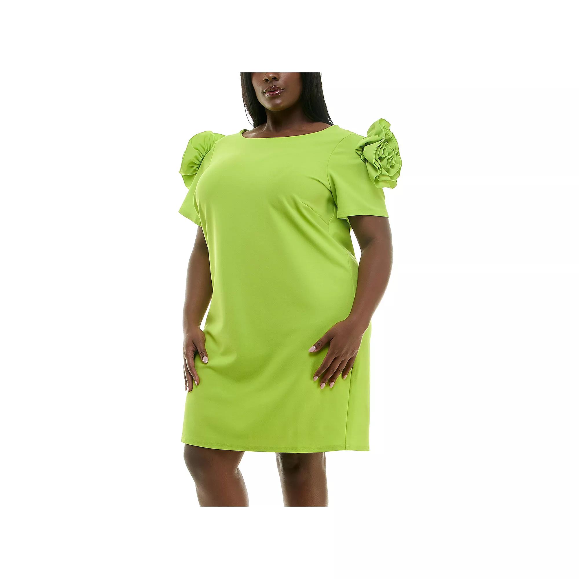 Plus Size Nina Leonard Shoulder Flower Ruffle Mini Sheath Dress, Womens Product Image