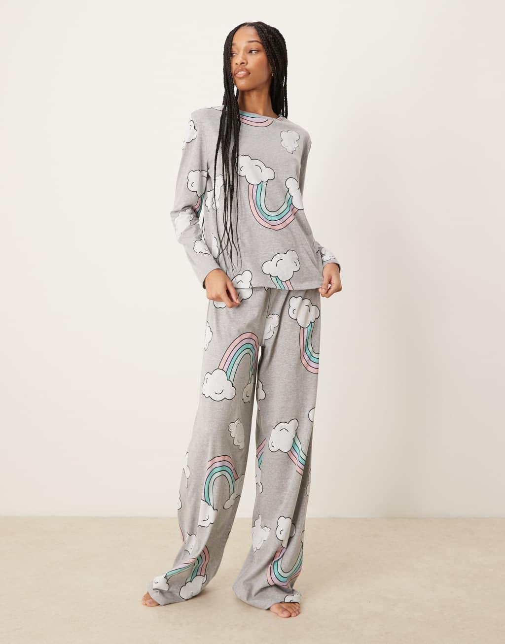 ASOS DESIGN Tall rainbow long sleeve top & pants pajama set in gray heather Product Image