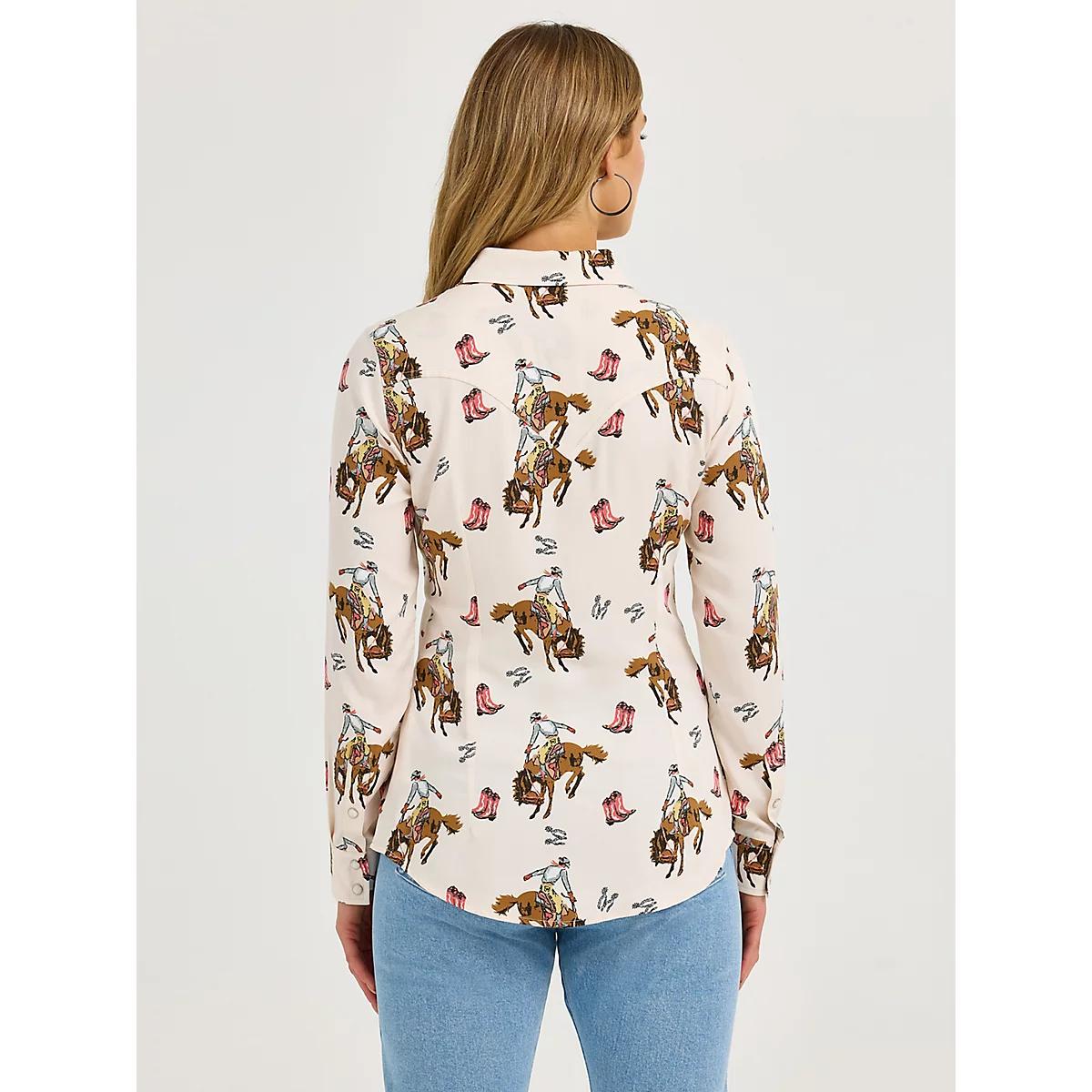 Women's Wrangler Bold Bucking Cowboy Western Snap Shirt in Cowboy/Cream Product Image