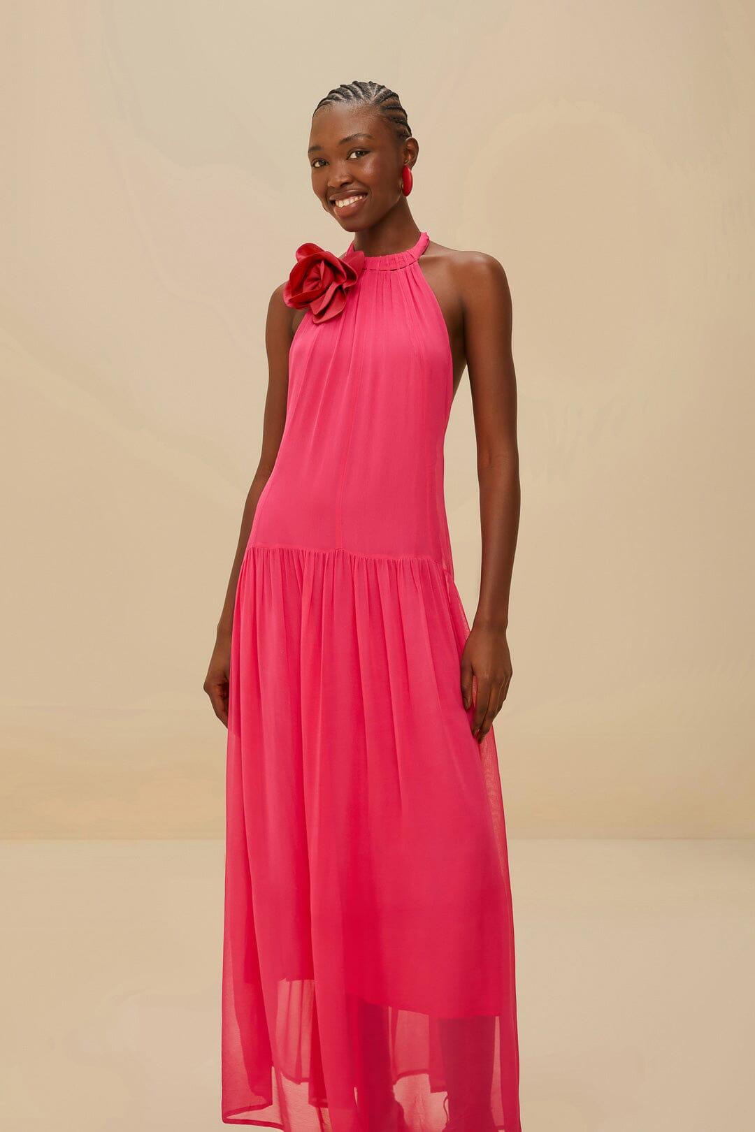 Pink Flower Halter Neck Maxi Dress Product Image