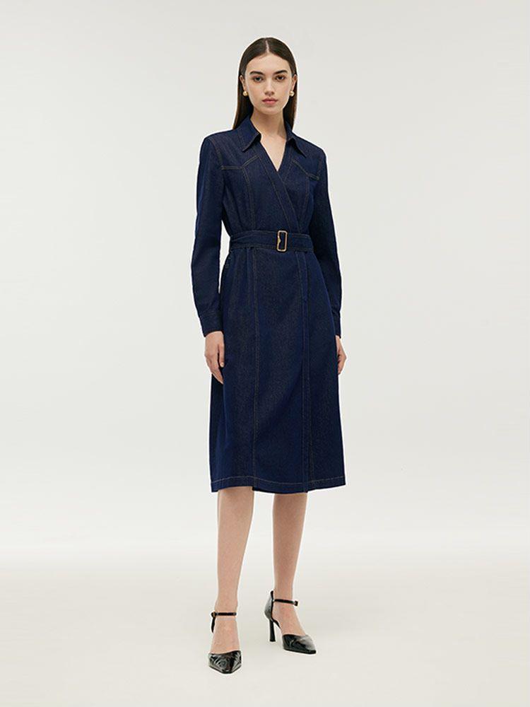 Denim Lapel Women Midi Dress With Belt Product Image