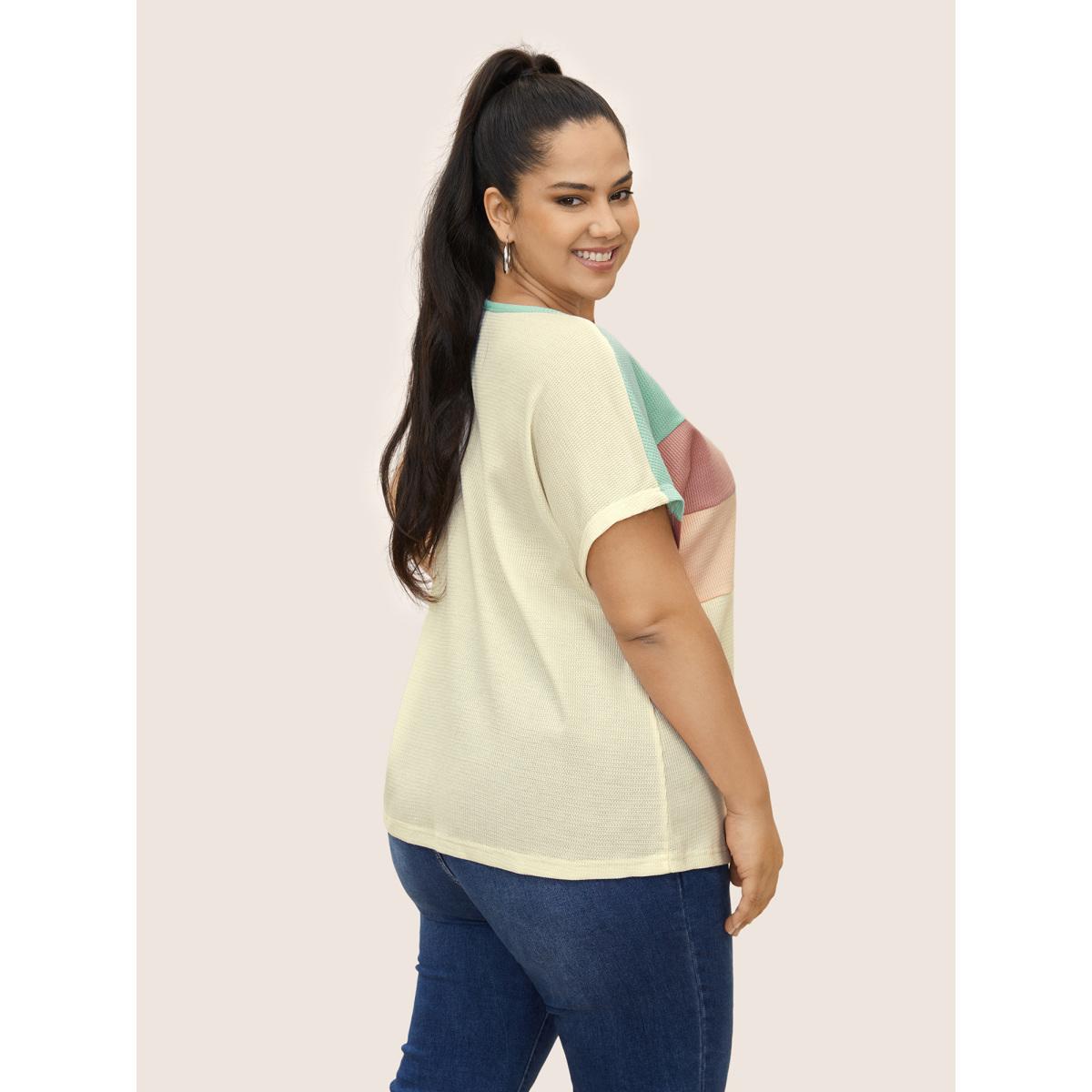 Plus Size Waffle Knit Colorblock Contrast Dolman Sleeve T-shirt Multicolor Women Casual Texture Round Neck Everyday T-shirts BloomChic 10/M Product Image