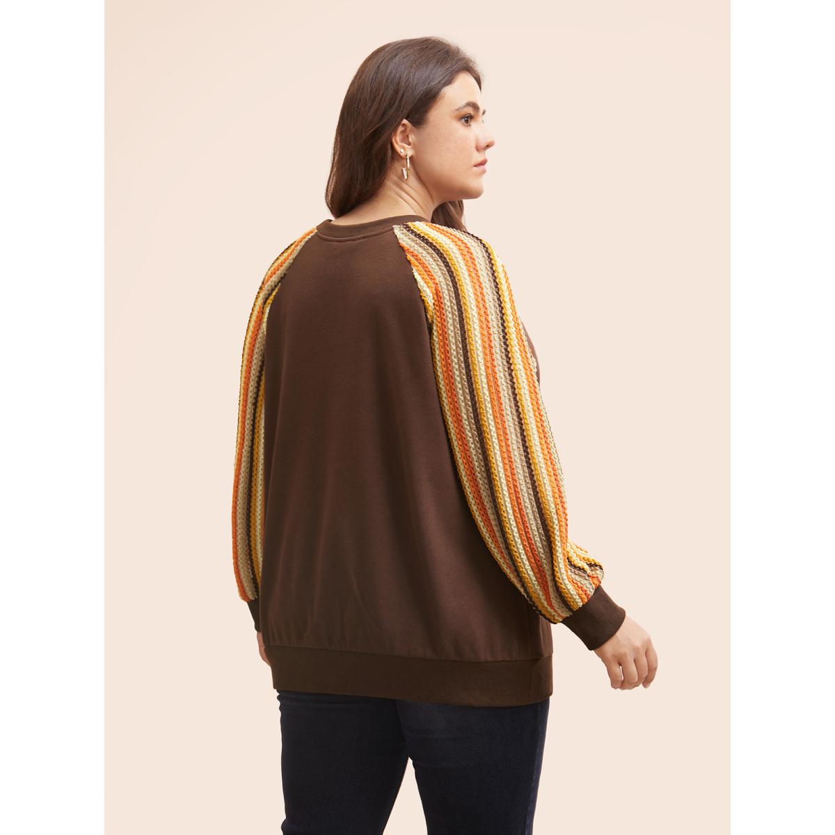 Plus Size Striped Textured Patchwork Raglan Sleeve Sweatshirt Women DarkBrown Casual Texture Round Neck Everyday Sweatshirts BloomChic 14-16/1X Product Image