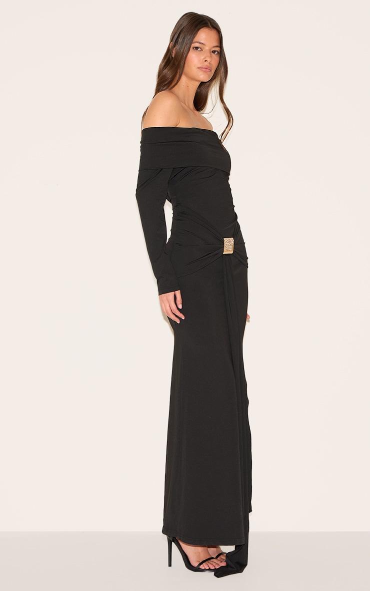 Black Bardot Long Sleeve Trim Drape Detail Maxi Dress Product Image