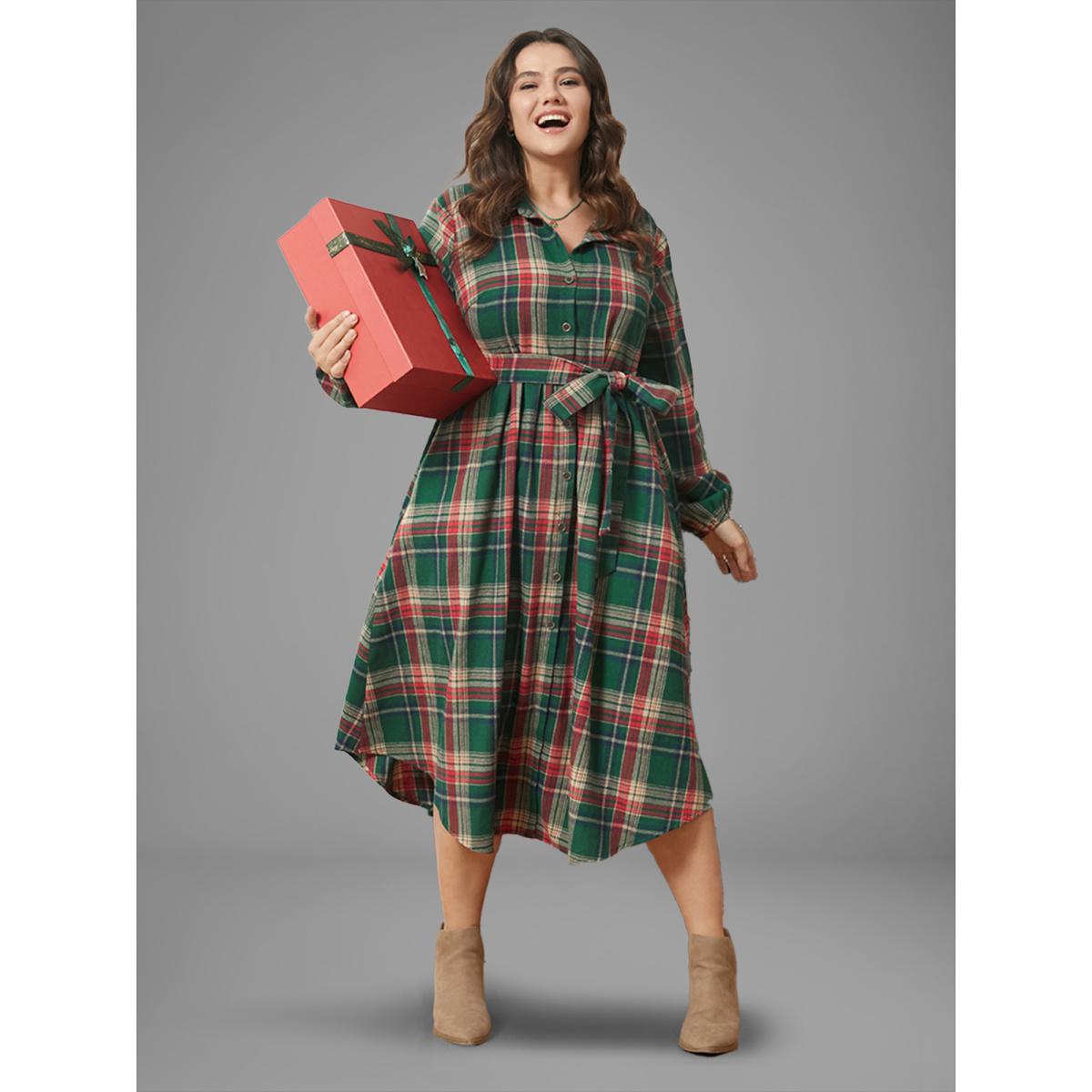 Plus Size Plaid Button Detail Pocket Belted Arc Hem Dress Multicolor Women Leisure Pocket Shirt collar Long Sleeve Curvy Midi Dress BloomChic 26/4X Product Image