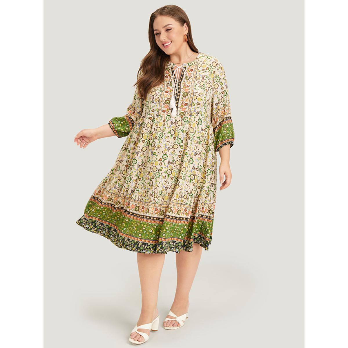 Plus Size Bandana Tassels Ties Neck Pocket Ruffle Hem Dress Green Women Vacation Tassels Tie Neck Elbow-length sleeve Curvy Midi Dress BloomChic 10/M Product Image