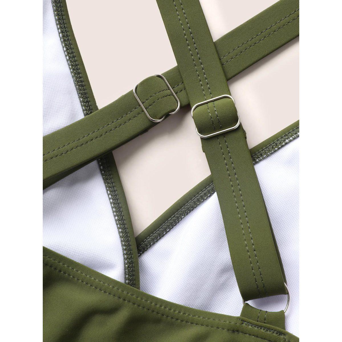 Plus Size Solid Patchwork Mesh Pocket Hanky Hem Swim Dress Women's Swimwear ArmyGreen Beach Bodycon Overlap Collar High stretch Curve Swim Dresses BloomChic 10/M Product Image