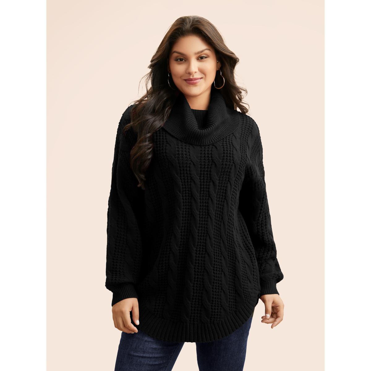 Plus Size Turtleneck Cable Knit Curved Hem Pullover Black Women Casual Loose Long Sleeve Turtleneck Everyday Pullovers BloomChic 22-24/3X Product Image