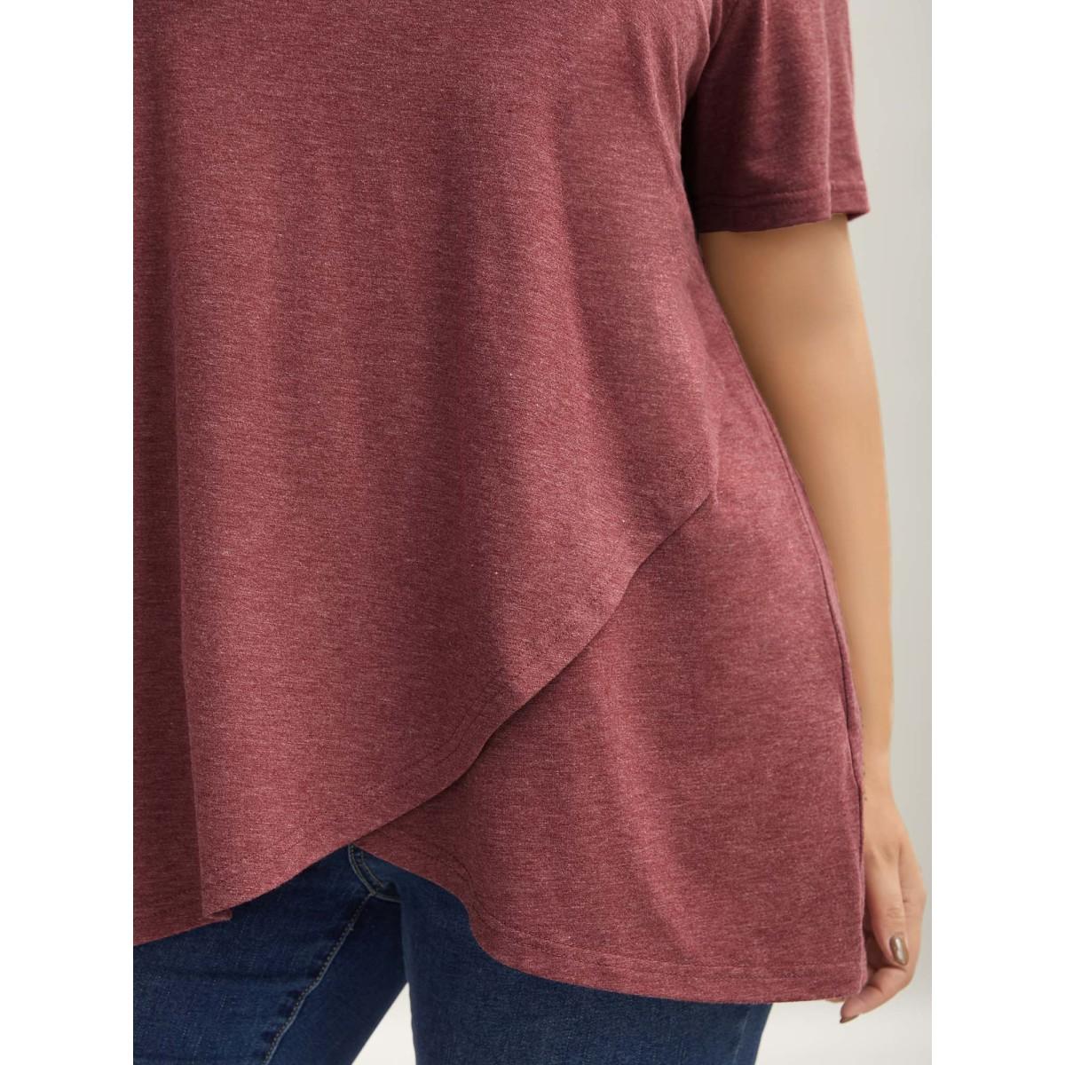 Plus Size Heather Stretchy Overlap Hem Plain T-Shirt Russet Women Leisure Overlapping Round Neck Casual T-shirts BloomChic 12/L Product Image